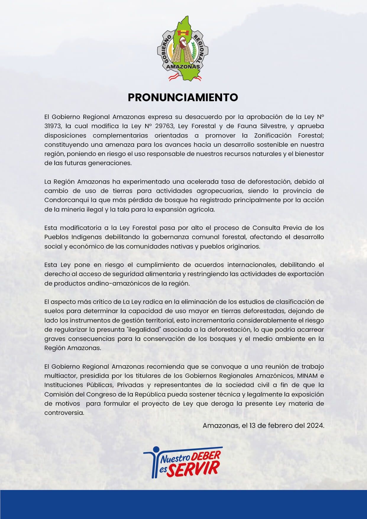 Amazonas se opone a la modificación de la Ley Forestal y de Fauna Silvestre