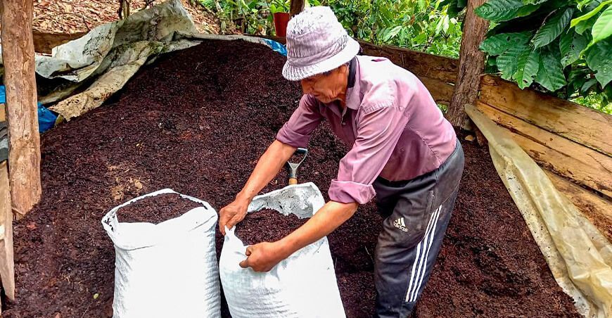 Esteban Anaya López, productor de cacao produce 3 toneladas de compost con restos de cosechas y estiércol en Cusco Perú