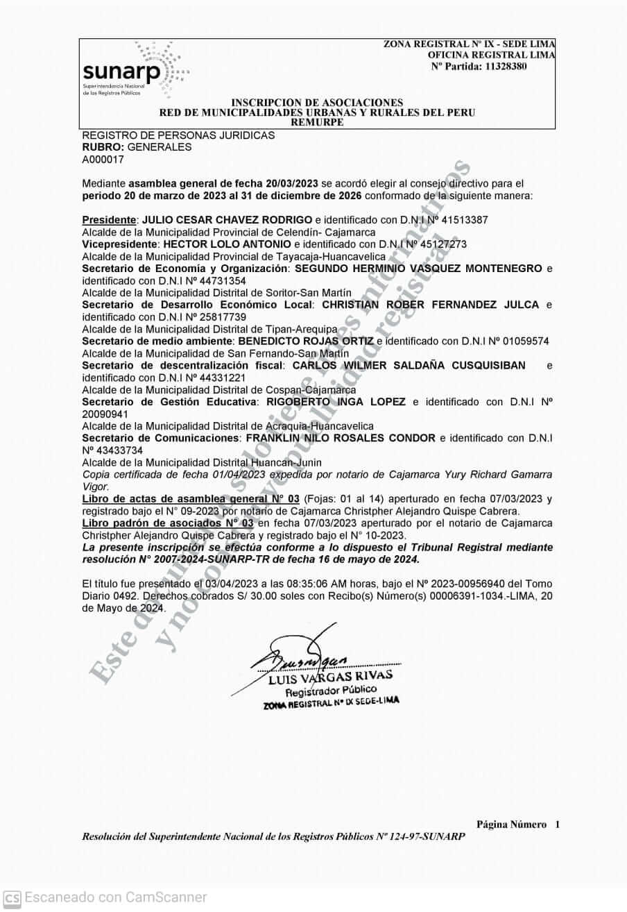Directiva de alcaldes rurales es reconocida por la Sunarp Perú