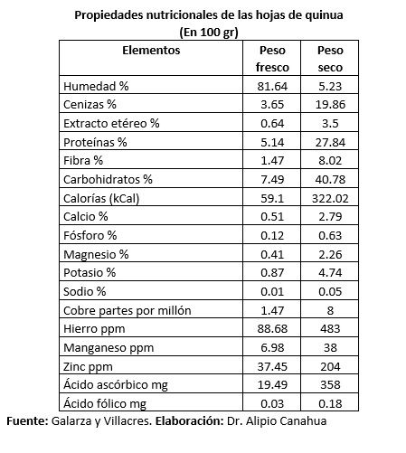 Propiedades nutricionales de las hojas de quinua