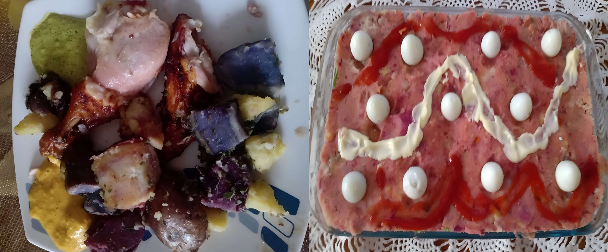 Papas nativas en cocina popular: A la derecha, pollo a la brasa acompañado de papas nativas multicolores; a la izquierda, causa elaborada con papas de pulpa roja, morada y amarilla. Foto: Marco Bazalar Reyes, director de Rock & Sazón.