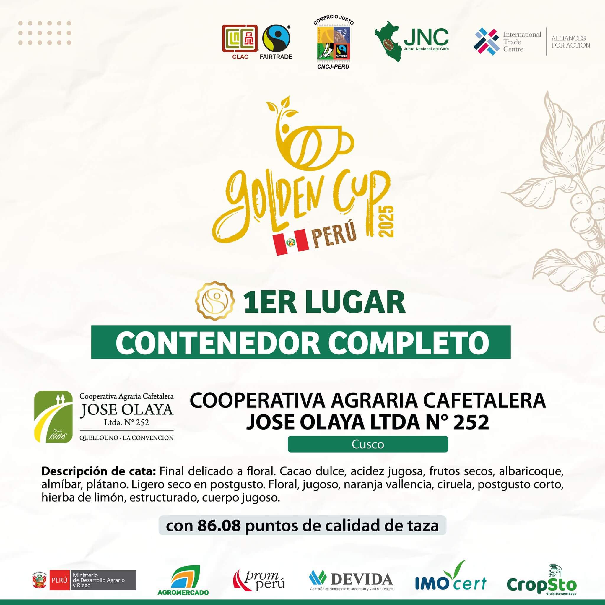 Café cusqueño de 86.08 puntos obtiene el primer lugar en la Golden Cup Perú 2025