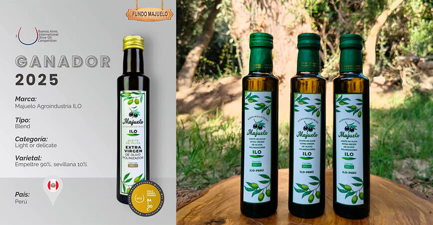 El aceite de oliva de la región Moquegua vuelve a destacar en el escenario mundial. La Unidad Productiva Alvarado Colque Mariel Cristina, bajo la marca “Agroindustrias Majuelo”, obtuvo la Medalla de Oro en el prestigioso Buenos Aires International Olive Oil Competition