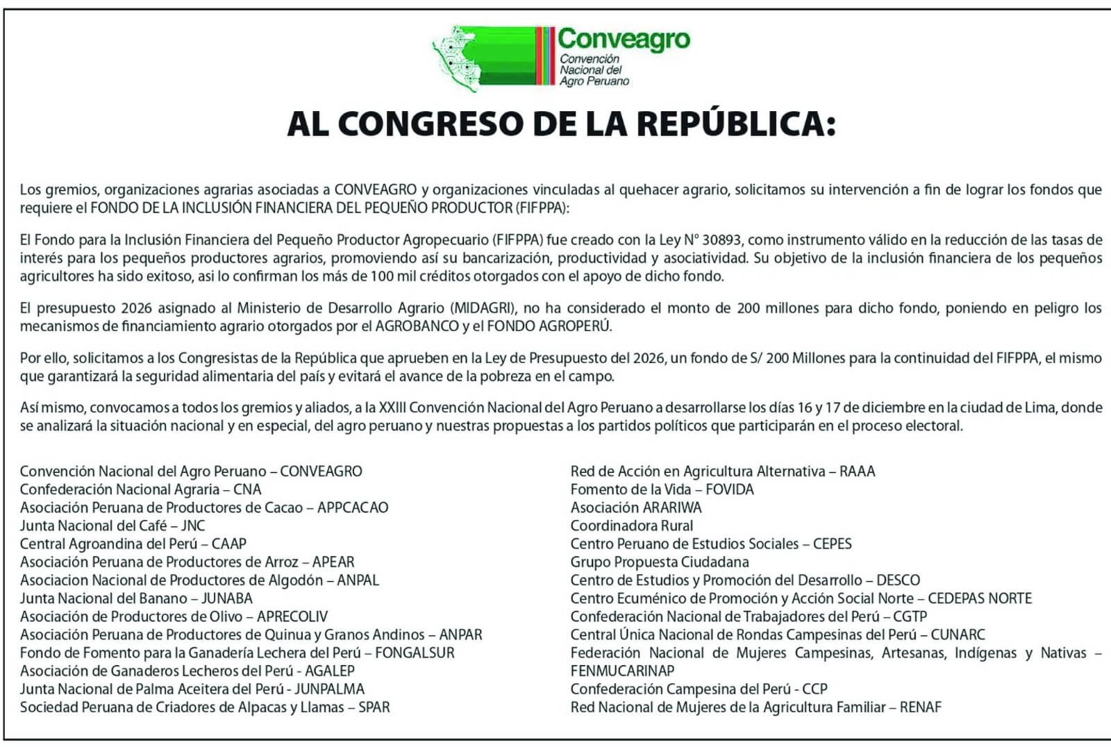 Conveagro solicita intervención para asegurar fondos del FIFPPA