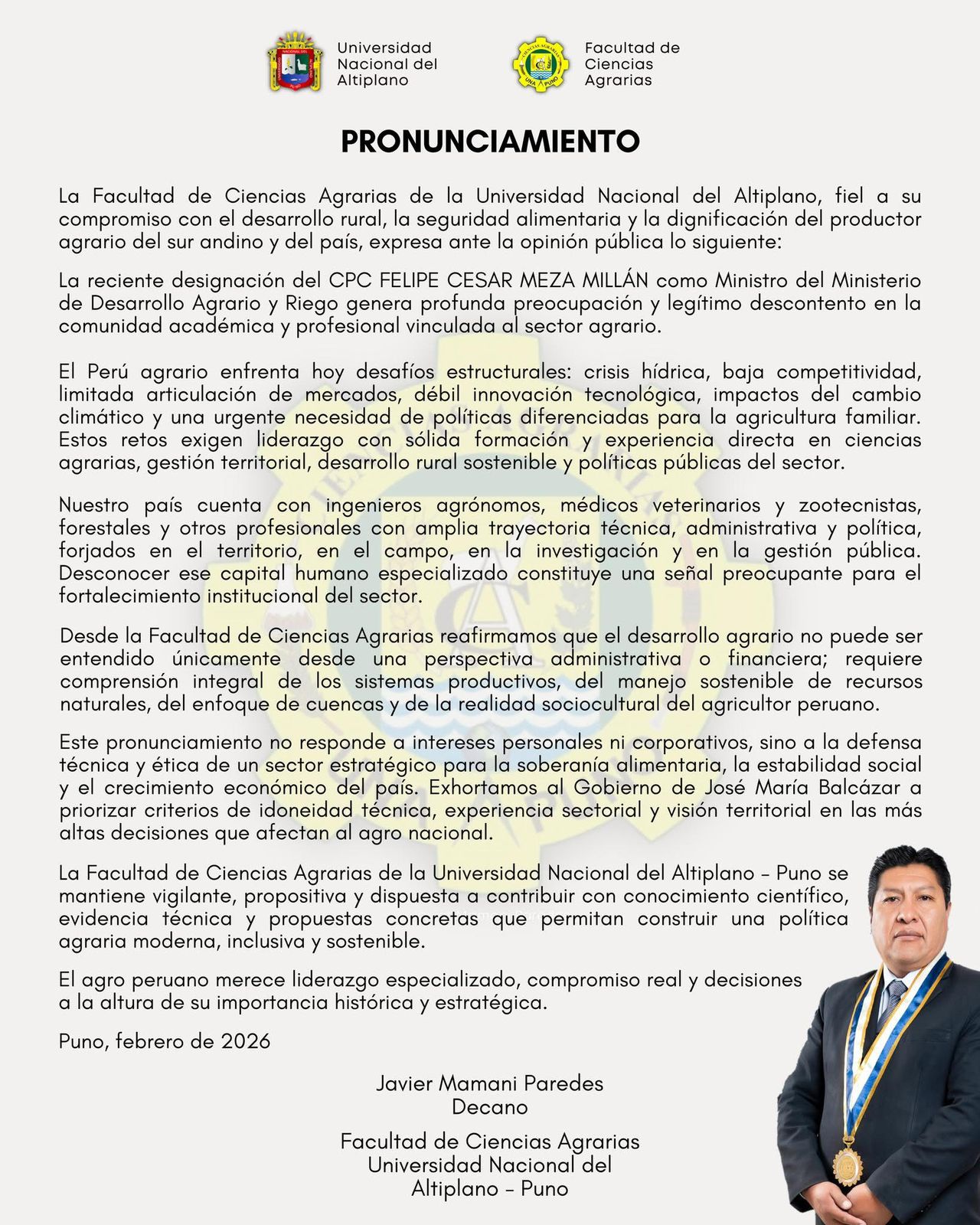 Facultad de Ciencias Agrarias de la UNA Puno expresa preocupación por designación del titular del Midagri