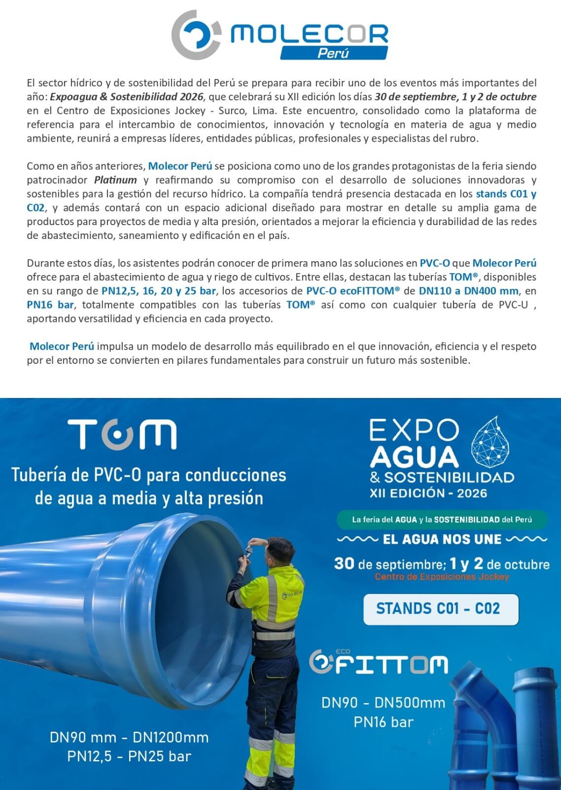 Molecor Perú presentará sus soluciones de PVC-O en Expoagua & Sostenibilidad 