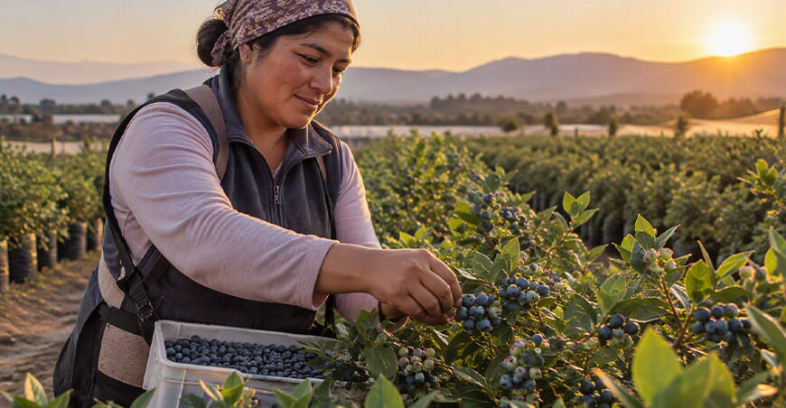 mujer cosechando arándanos Perú BASF Peruana
