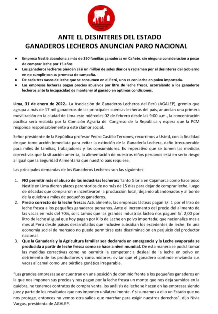 Agalep huelga ganaderos lecheros