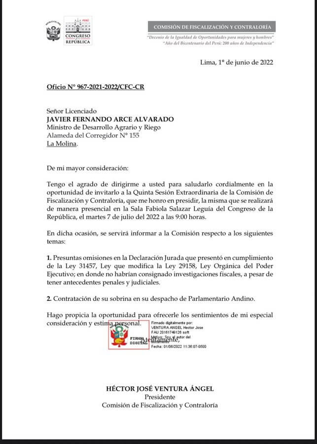 Comisión de Fiscalización del Congreso también citó al ministro Arce para que acuda a la sesión del grupo
